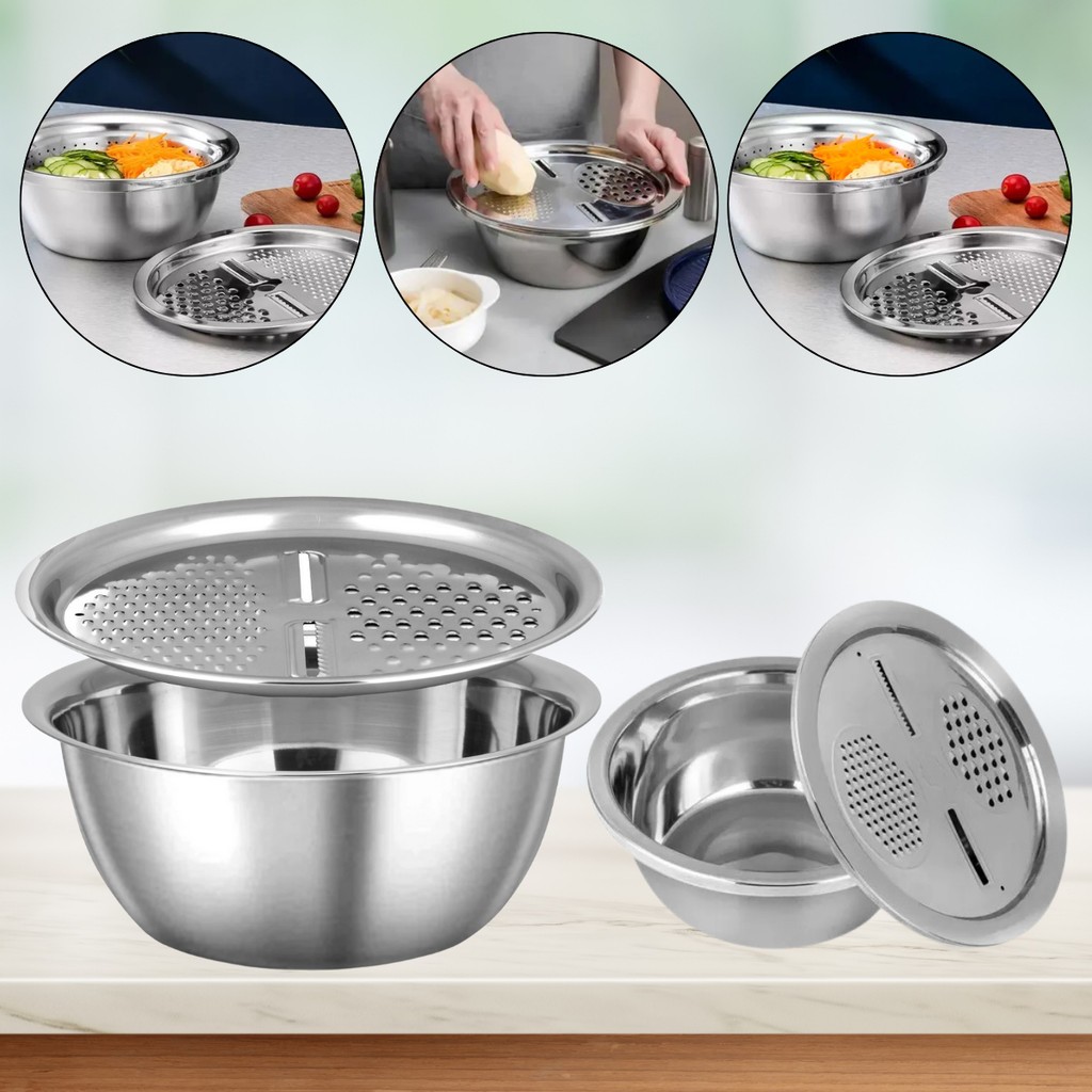 Tigela Inox 4 em 1 com Ralador Fatiador de Legumes e Tampa para Cozinha 26cm