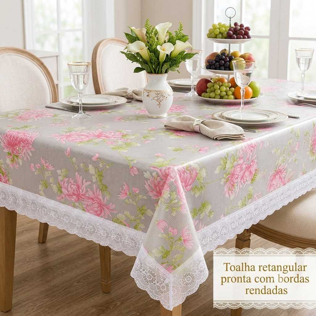Toalha de Mesa Impermeável PEVA Estampa Floral/ Frutas - Acabamento Premium em Renda