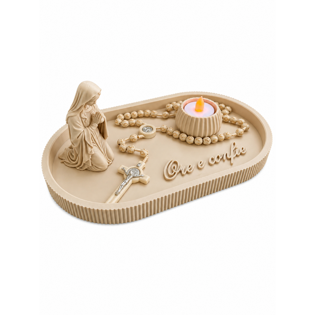 Porta Terço Nossa Senhora + Porta Vela Bege com Vela Artificial Brinde