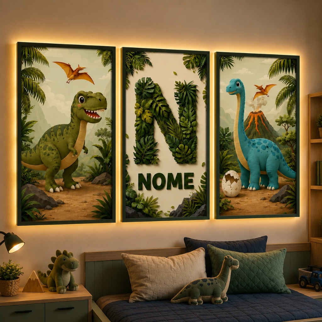 Kit Quadros Dinossauros Personalizado Com Nome Infantil 3 Peças Decorativo Quarto Moderno