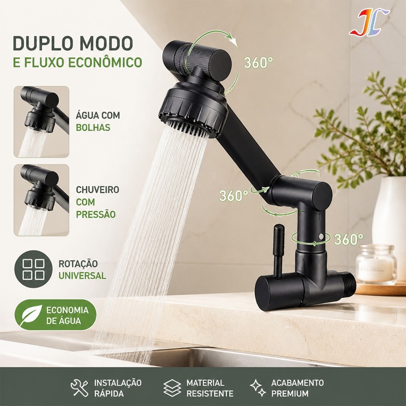 Torneira 1080° com Braço Robótico para Cozinha e Banheiro 2 Modos de Jato com Arejador SLT
