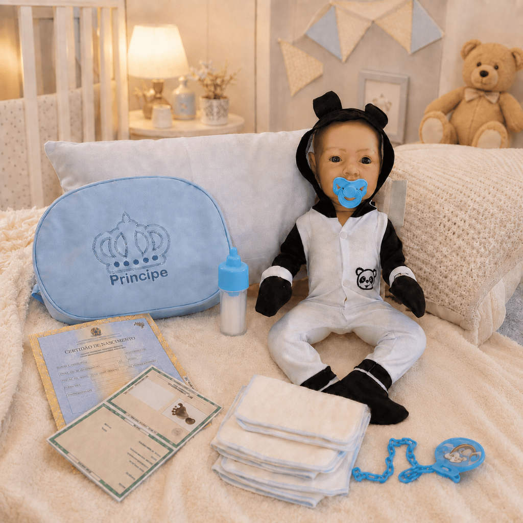 Kit Bebe Reborn Menino 100% Silicone Boneco Panda + Enxoval Príncipe Bolsa e Acessórios - 48cm!