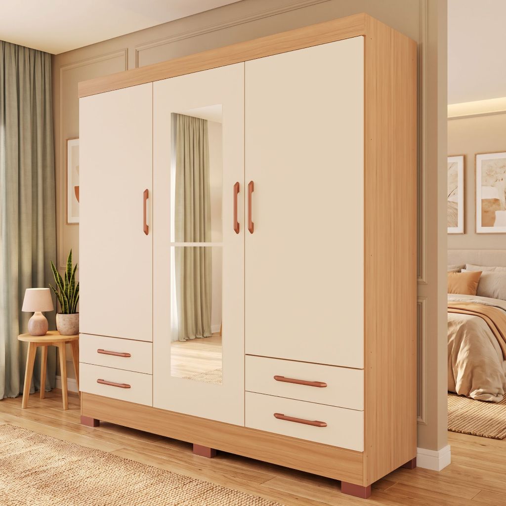 Guarda-Roupas Báltica 100% MDF 3 Portas 4 Gavetas c/ Kit de Espelhos e Pés