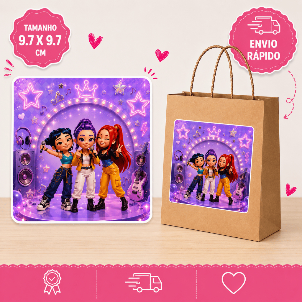 Adesivo Personalizado para Sacolinha de Aniversário Guerreiras do Kpop 9,7x9,7cm | Rótulo para Lembrancinha