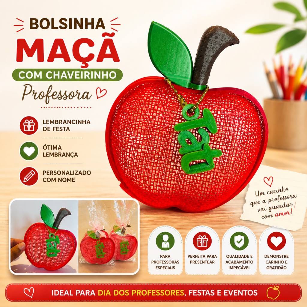 Bolsinha Maçã Personalizada com Nome Chaveiro Lembrancinha Dia dos Professores