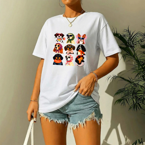 Camiseta Feminina Cachorrinhos Pet 100% Algodão T-Shirt Estampada Casual Confortável Moda Tendência Dog Lovers