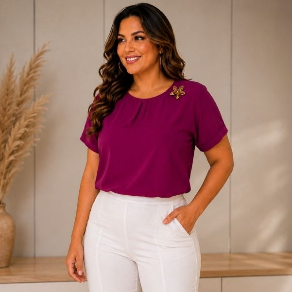 Blusa feminina elegante no Viscolinho Manga Curta Babado Leve Fresca Confortável