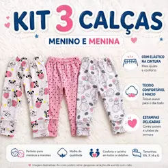 Kit 3 Calças Bebê Estampadas Mijão Malha 100% Algodão Infantil Menino Menina Roupa Bebê Confortável RN P M G