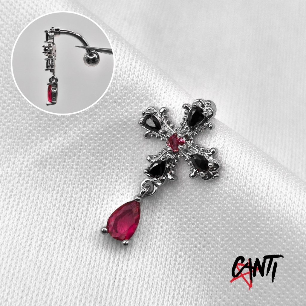 Piercing Umbigo Invertido Cruz Gótica Zircônia Vermelha Preta Dark Alternativo Aço 10mm 1.6mm