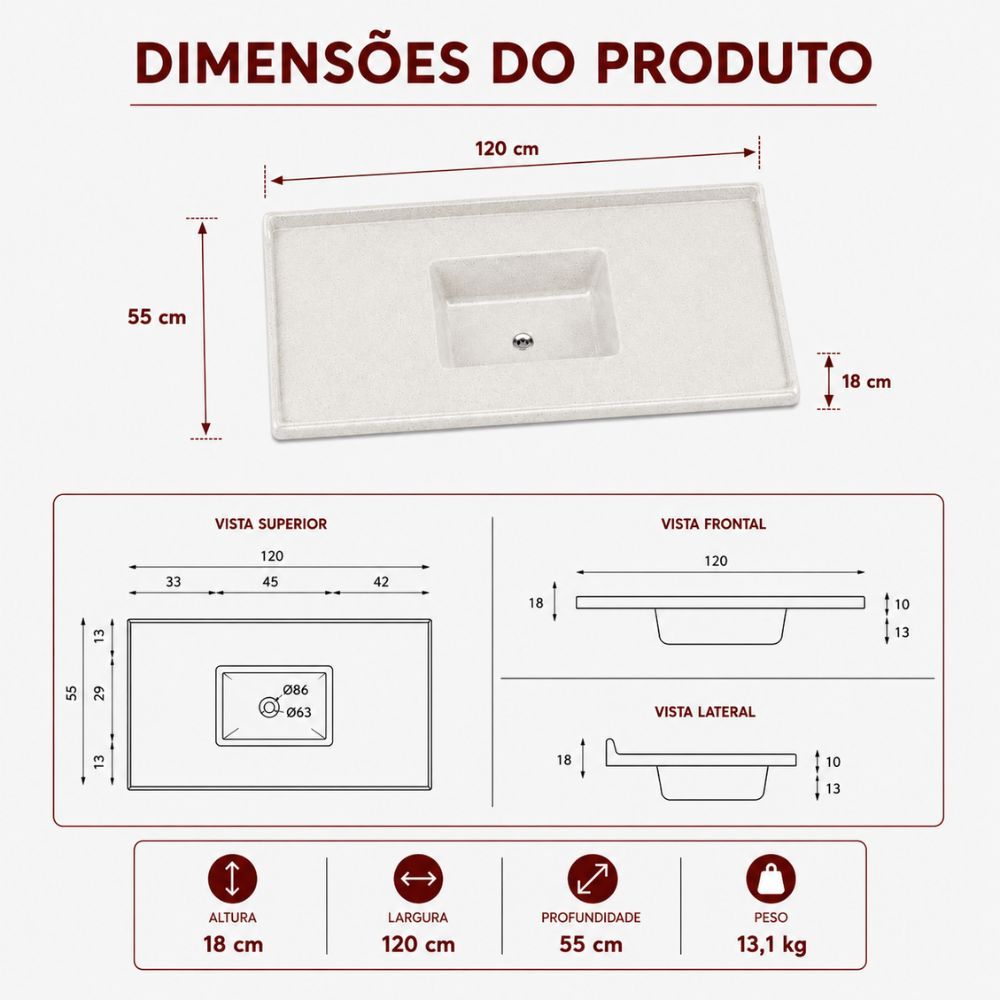 Tampo de Pia com Cuba Granitada Standard Rorato 120x55cm · foto 2