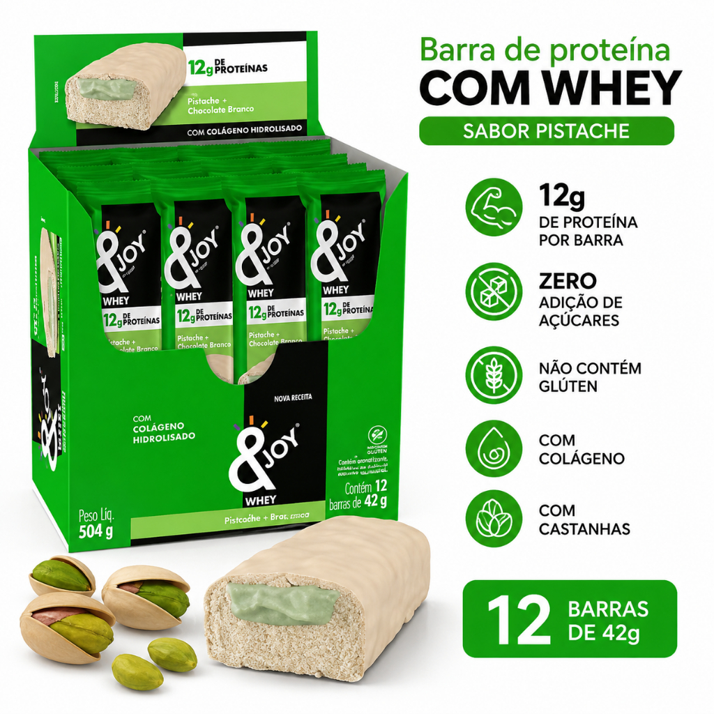 Barra de Proteína Ejoy Whey Pistache 42g Kit 12 Unidades 12g Proteína Zero Açúcar Sem Glúten
