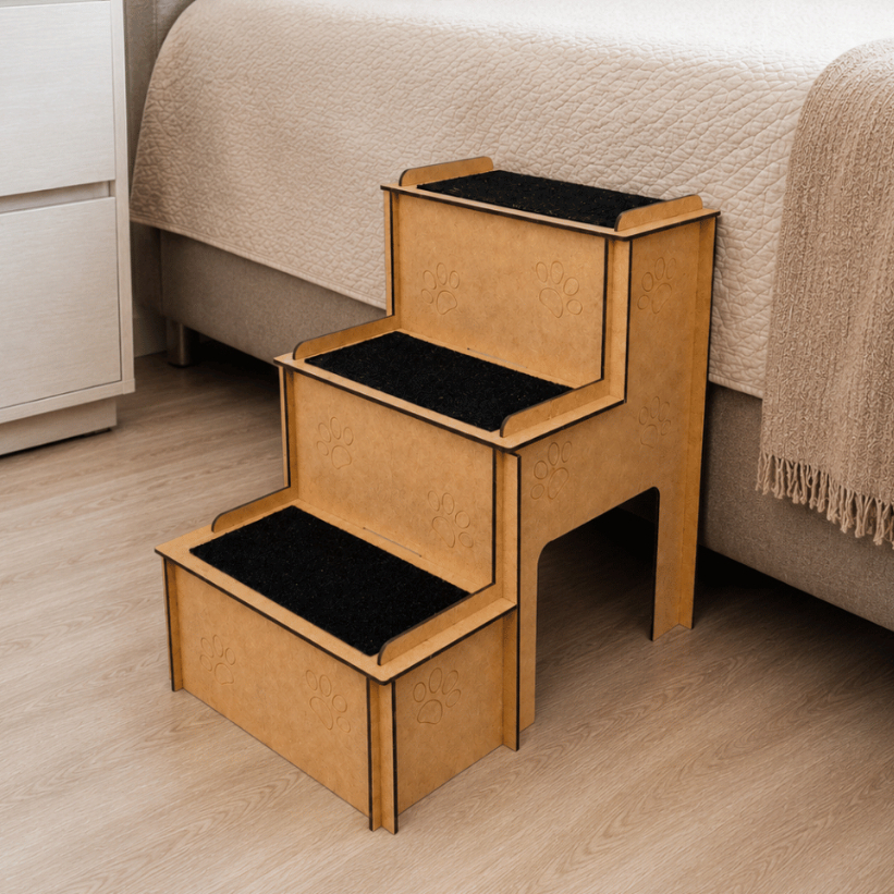 Escadinha Madeira MDF Para Gatos Cachorros 3 Degraus Com Carpete Antiderrapante