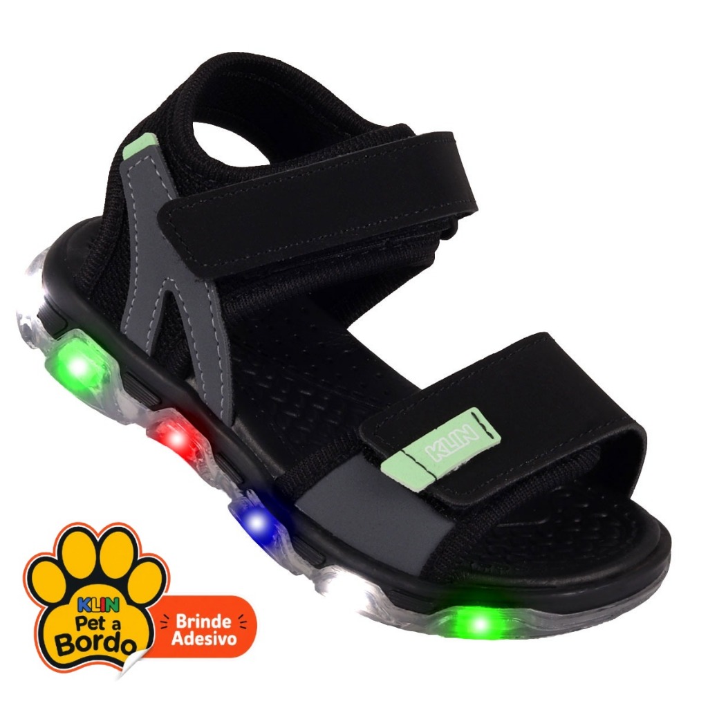 Papete Infantil Masculina Klin com LED e Palmilha de EVA Anatômica Leve e Confortável - Preto