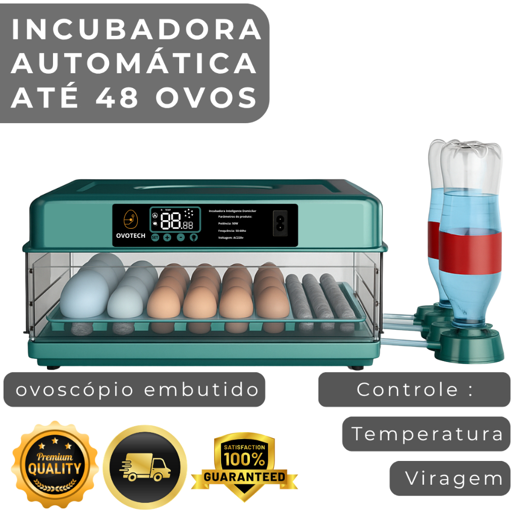 Chocadeira Automática Incubadora 48 Ovos Galinha Ovoscópio Elétrica Digital Viragem Controle Temperatura