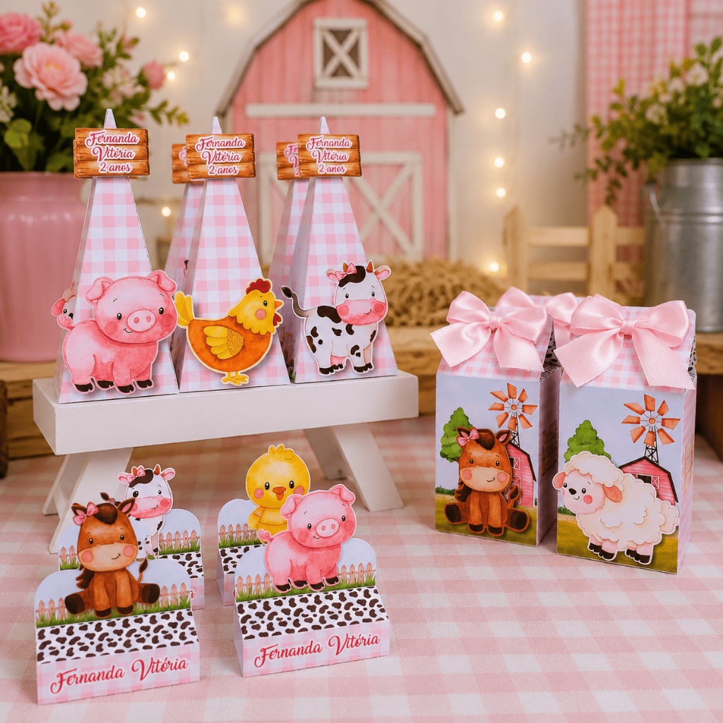 Kit Festa: Lembrancinhas Personalizadas Fazendinha Rosa Menina - Caixinhas Personalizadas - Papelaria Personalizada