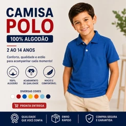 Camisa Polo Infantil Menino 100% Algodão Juvenil Manga Curta Lisa 2 ao 14 Anos