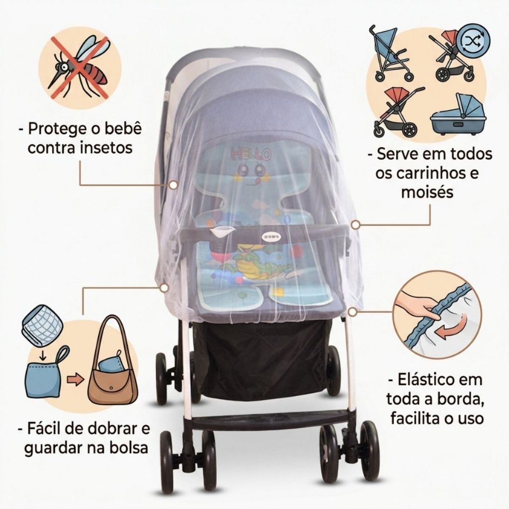 Mosquiteiro Para Carrinho de Bebê Proteção Contra Insetos Enxoval Infantil Universal