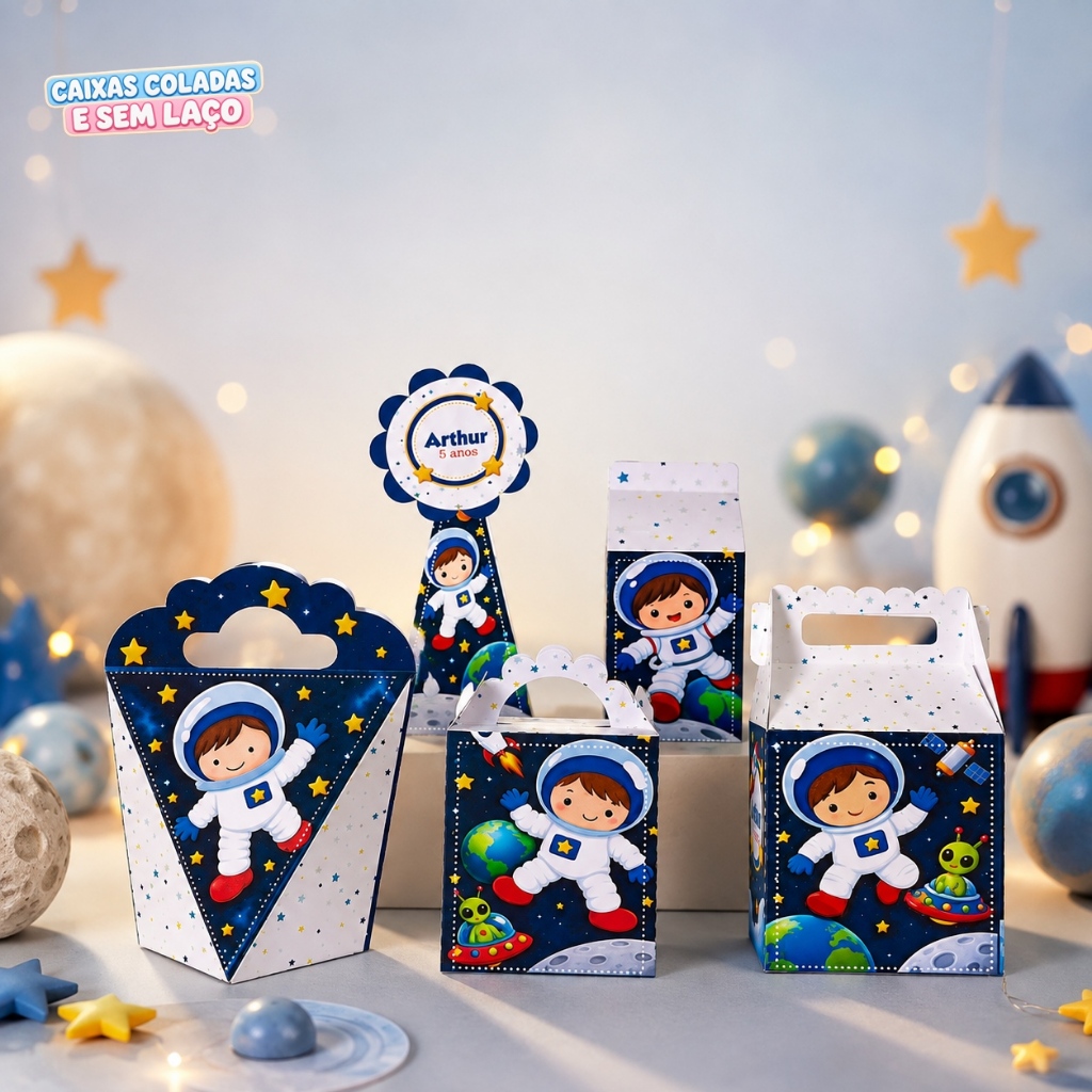 KIT CAIXAS ASTRONAUTA MENINO PERSONALIZADA LEMBRANCINHA DE FESTA INFANTIL ANIVERSARIO ( CAIXAS SEMI MONTADAS)
