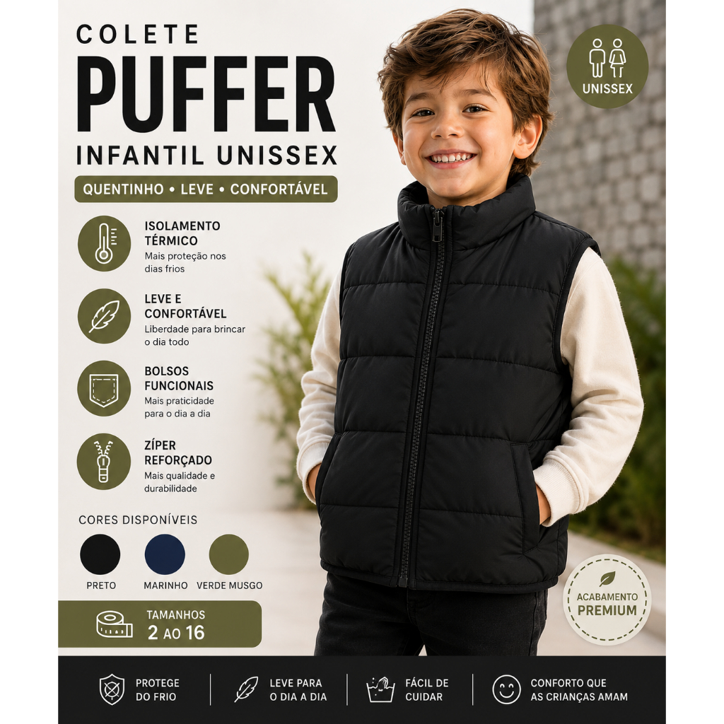 Colete Infantil Puffer Matelassê Inverno Menino e Menina Forrado Super Quente Casaco Infantil
