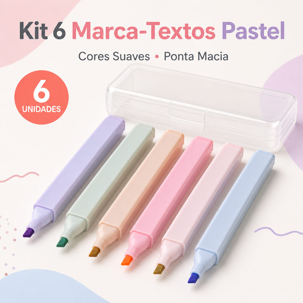 Kit 6 Marca-Textos Pastel Ponta Chanfrada Macia Cores Suaves para Estudo, Bullet Journal e Escola