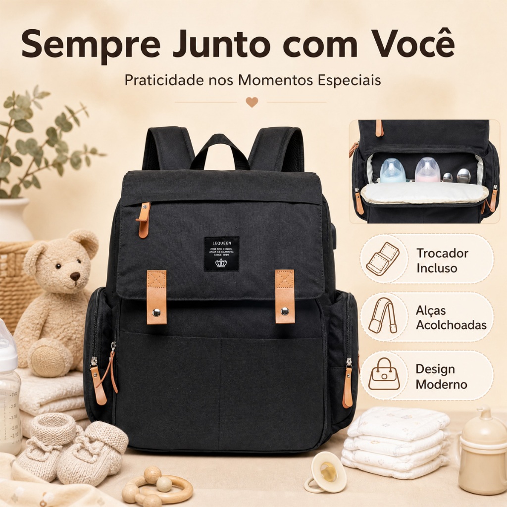 Bolsa Mochila Saída Maternidade Mãe E Bebê Lequeen Multifuncional · foto 2