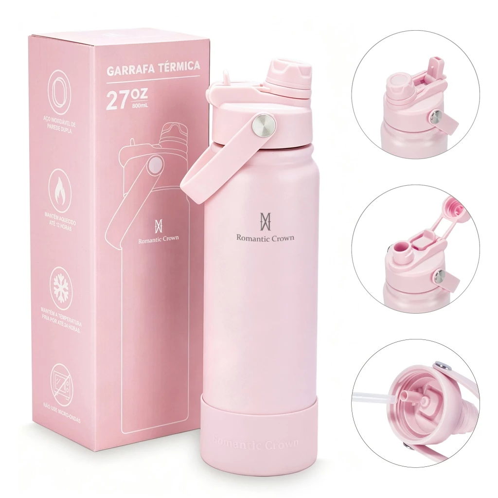 ROMANTIC CROWN Garrafa Térmica 800ml Aço Inox 304 Grande Capacidade com 2 Formas de Beber para Viagem e Esporte — imagem 1