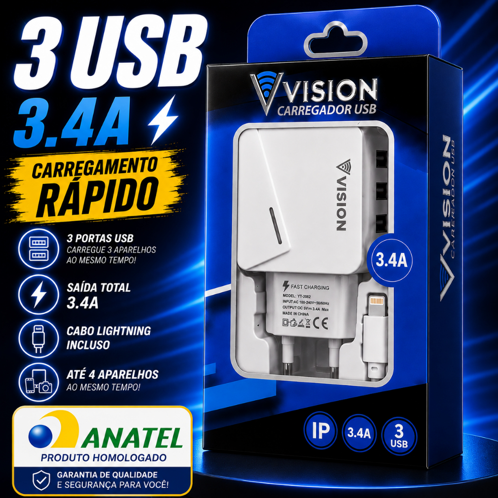 CARREGADOR 3 USB 3.4A + CABO LIGHTNING | 4 APARELHOS AO MESMO TEMPO | IPHONE E SMARTPHONE