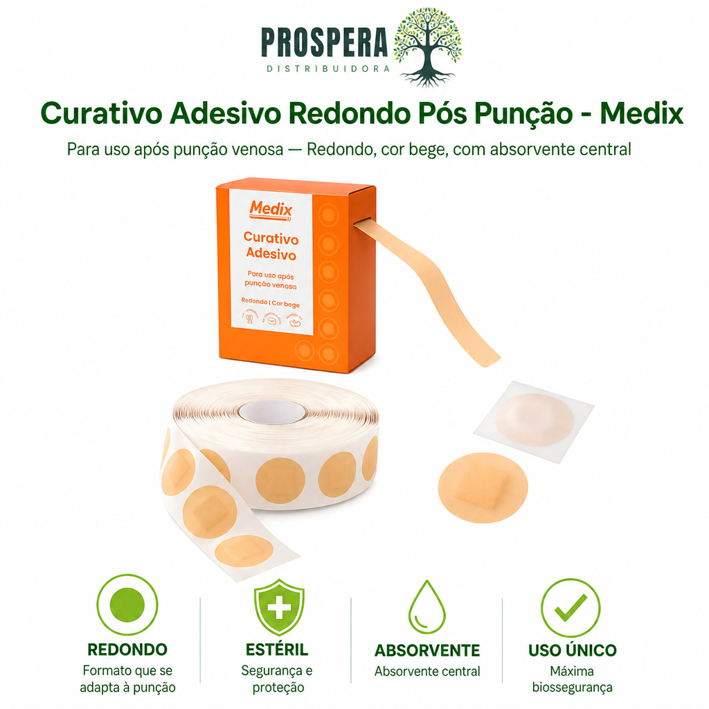 Curativo Adesivo Redondo Pós Punção Medix - Caixa com 500 Unidades - Kit com 500 ou 2.500 - 01 ou 05 caixas