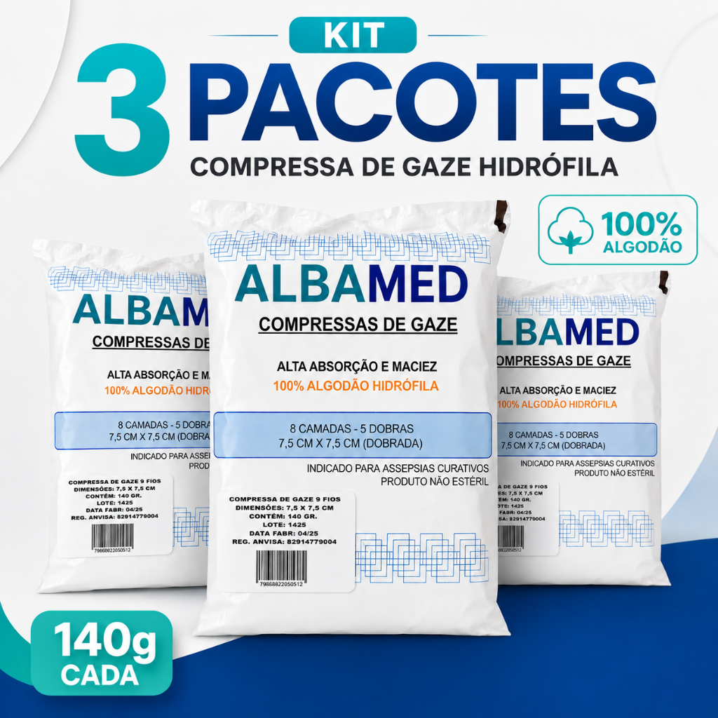 kit 3 pacotes Compressa Gaze Curativo 09, 11 e 13 Fios 140 gramas por pacote 100% algodão