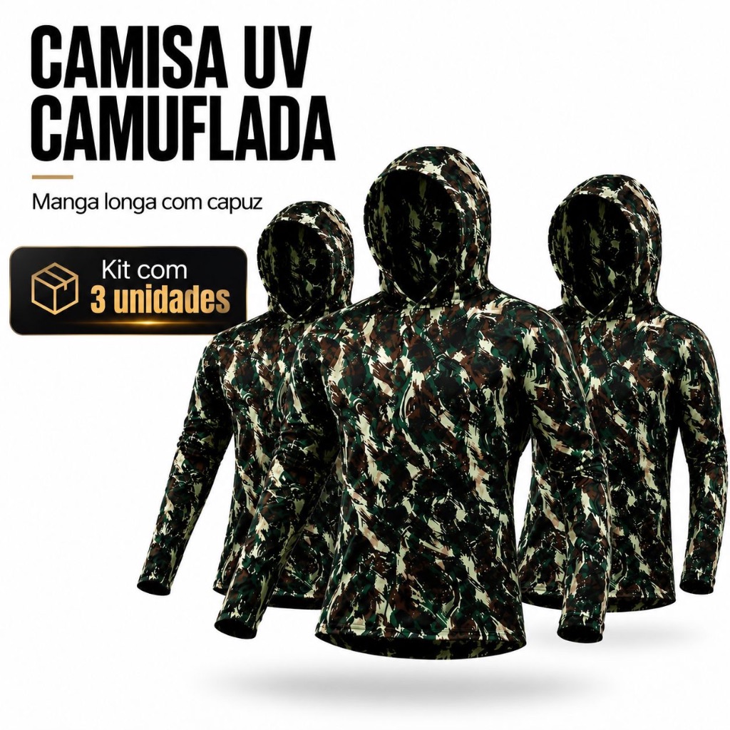 kit 3 Camisa Térmica  Camuflada Com Capuz UV 50 Proteção Solar Segunda Pele Manga Longa Esporte Outdoor Militar Pescaria