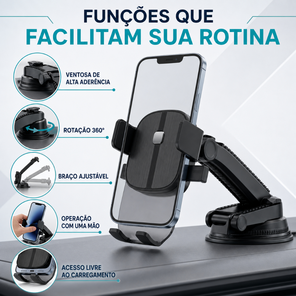Suporte Veicular para Celular com Ventosa Reforçada Braço Articulado Ajustável Universal para Painel e Para-brisa