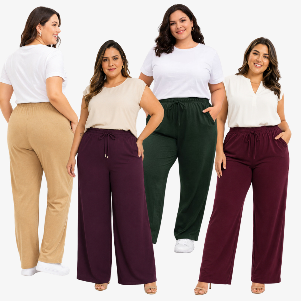 Calça Pantalona Kit 3 ou 2 Wide Leg Cintura Alta Com Bolso Cordão Leve Confortavel Tecido Duna