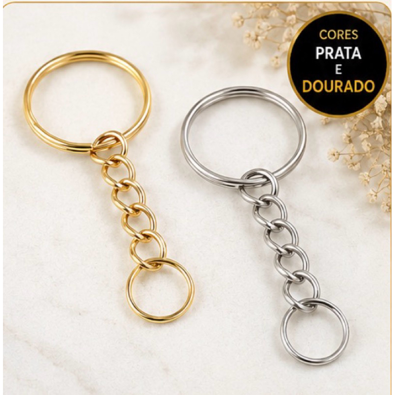 Argola para chaveiro 20mm com corrente + argolinha/elo 10mm 100unidades