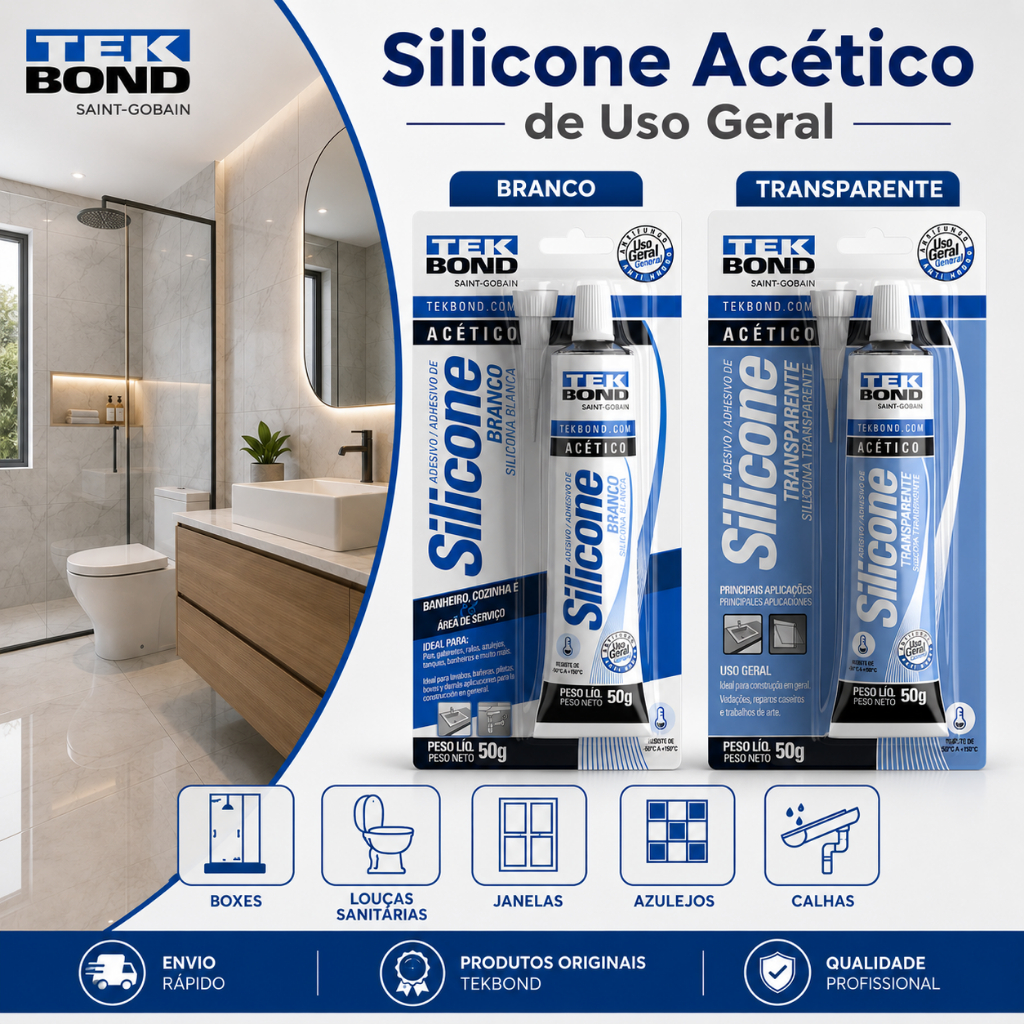 Silicone Acético TEKBOND Branco ou Transparente Kit 1 a 4 Unidades Antimofo Vedação Banheiro Cozinha