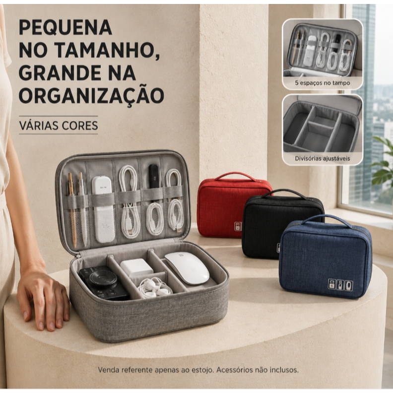 Bolsa Organizadora de Cabos e Acessórios Eletrônicos, Estojo Digital Multifuncional com Divisórias e Bolsos de Tela