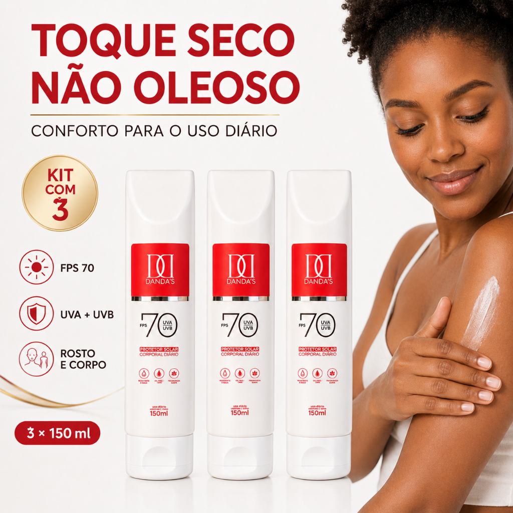 Kit com 3 Antissinais, Protetor solar Dandas Fps 70, 120 ml Toque seco, Praia, NAO Arde OS Olhos