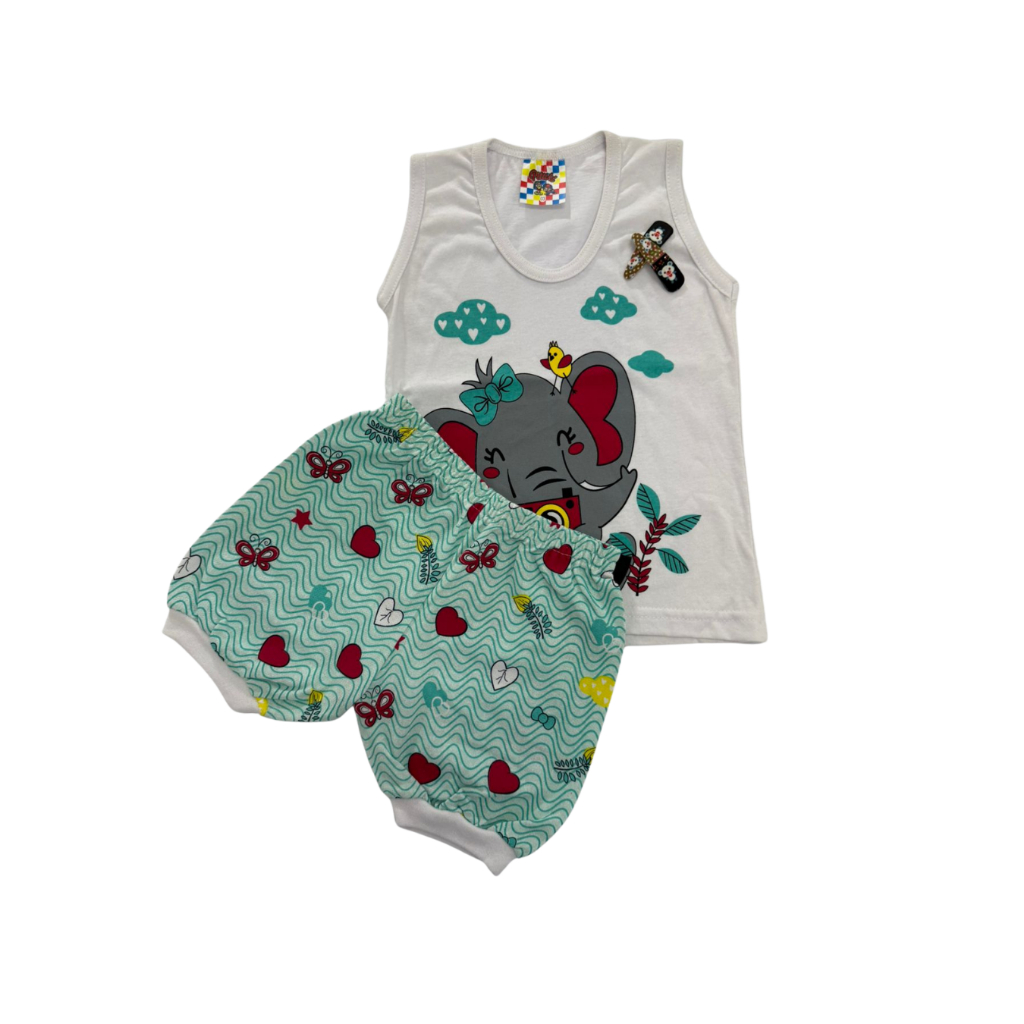 Conjunto Infantil Feminino Short e Camiseta Estampados 100% Algodão com 2 Presilhas Tamanho 3