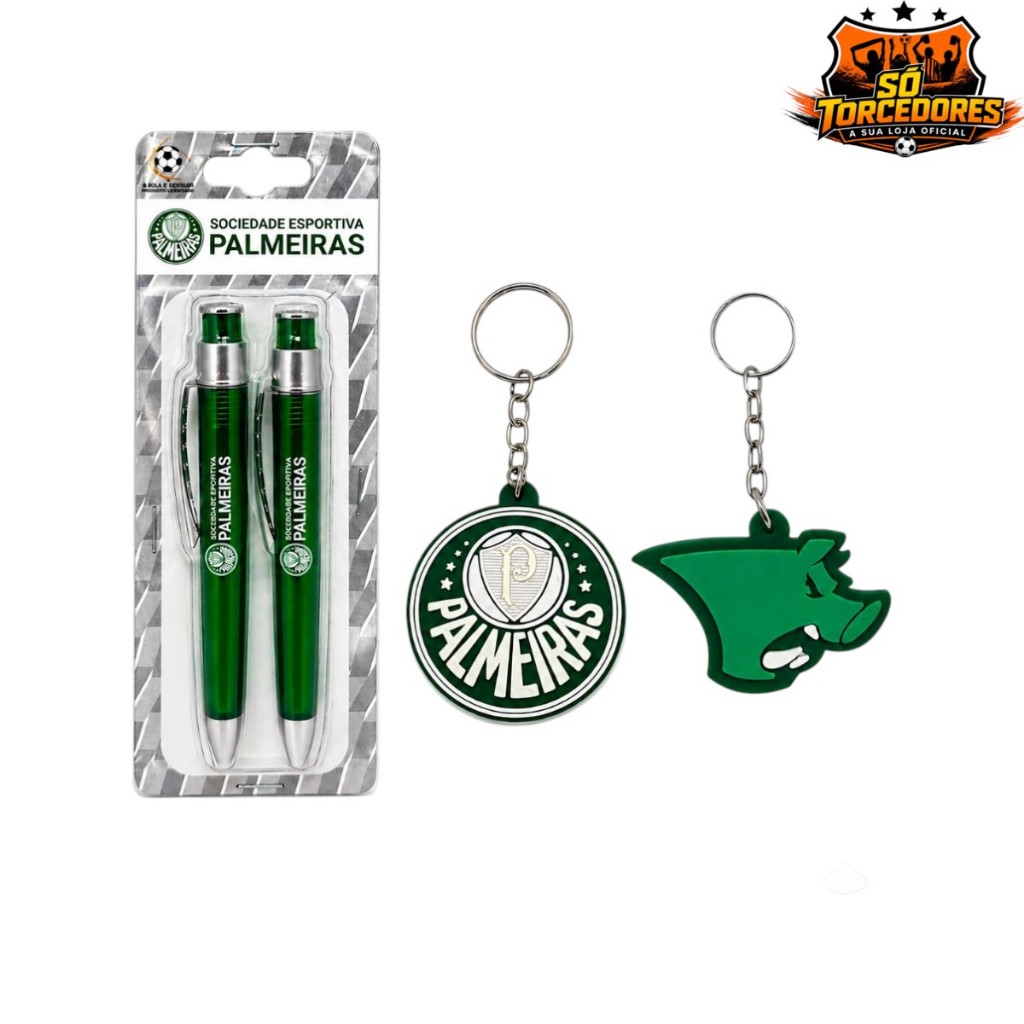 Kit Palmeiras Torcedor Premium – 2 Canetas + 2 Chaveiro Oficial do Verdão -