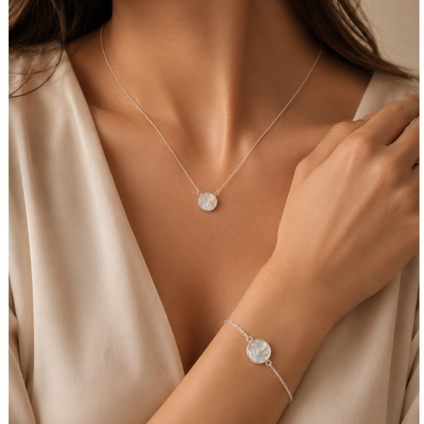 Conjunto Colar Veneziana Madre Pérola + Pulseira Prata 925