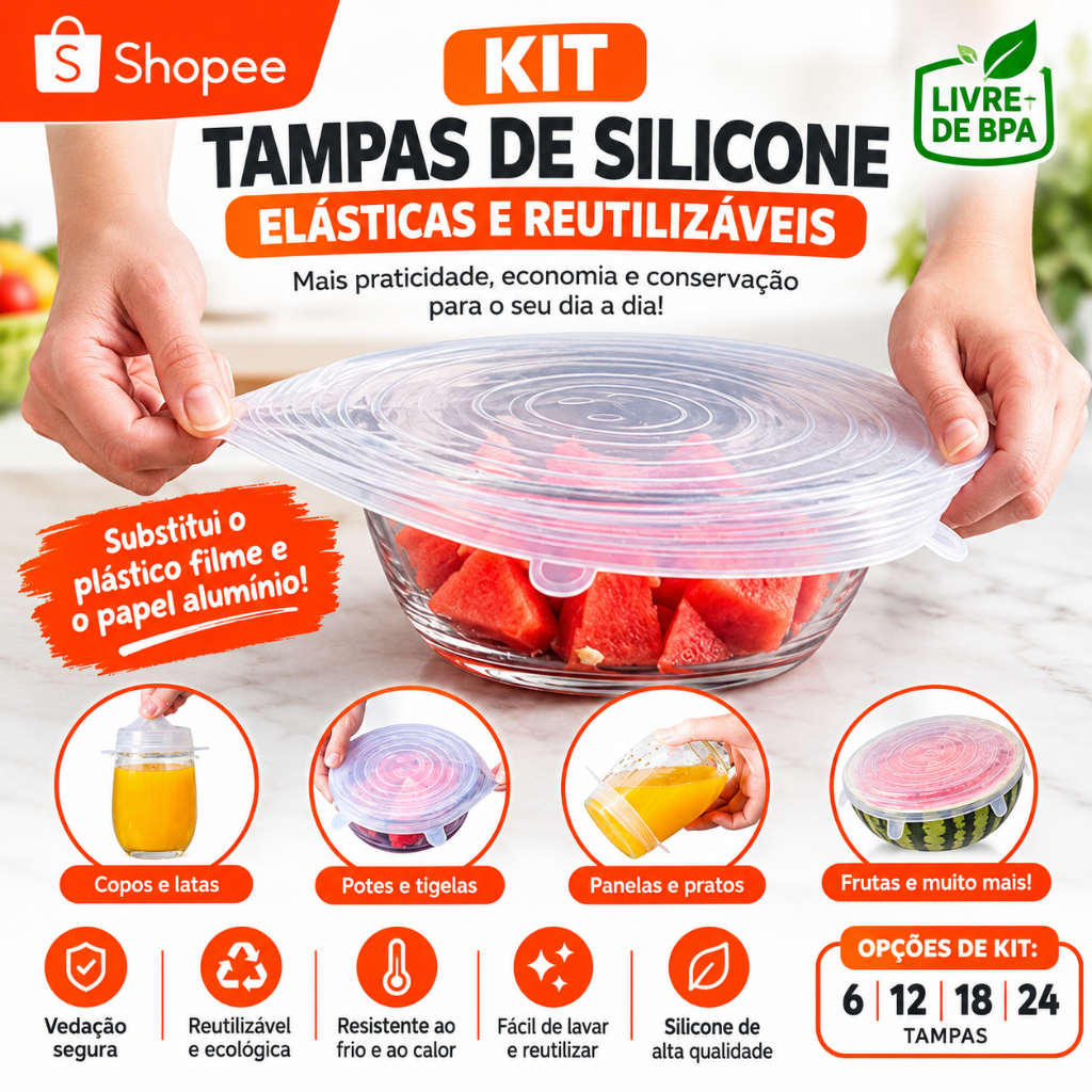 KIT 6/12/18/24 TAMPAS PANELA SILICONE UNIVERSAL REUTILIZÁVEL ELÁSTICA