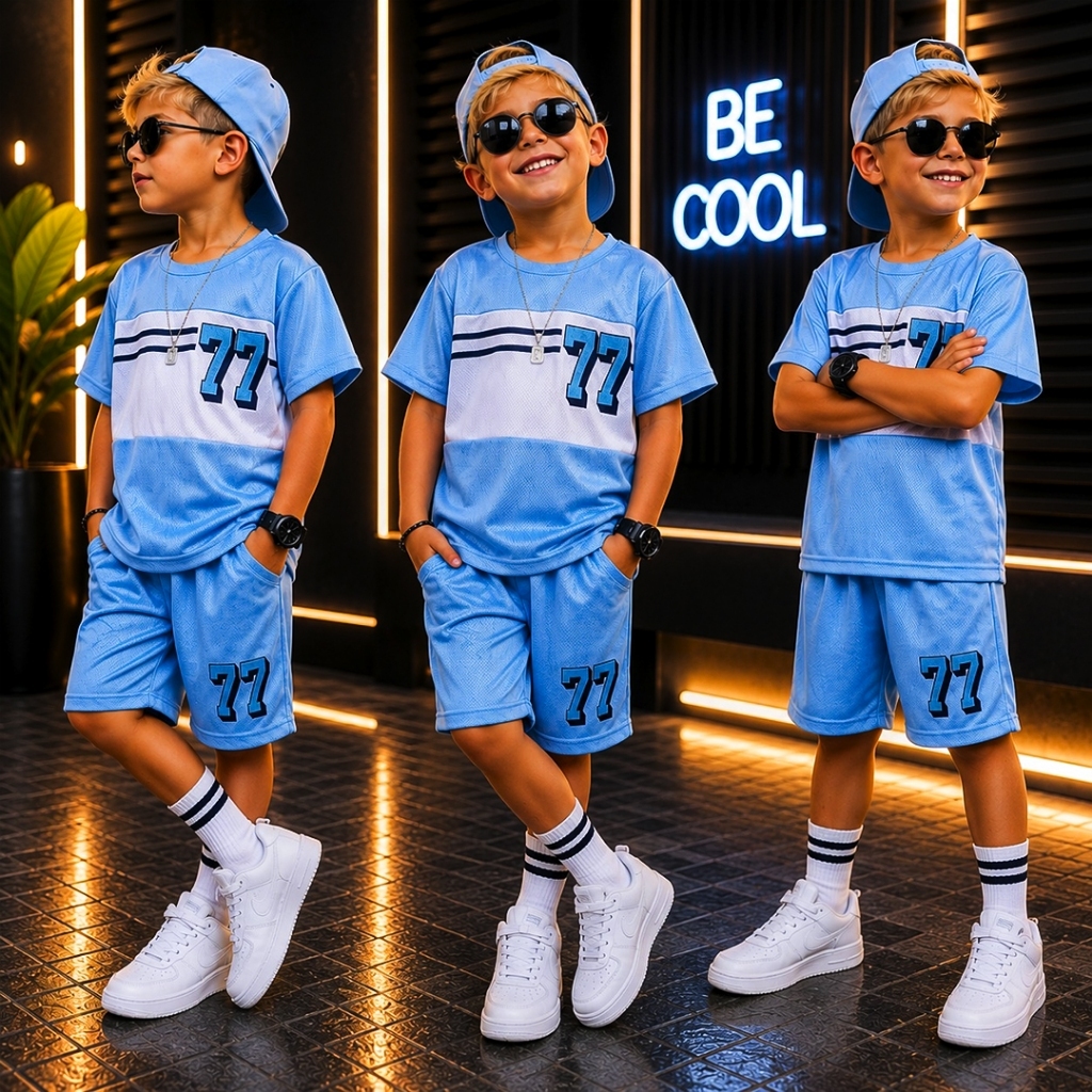 Conjunto Infantil Menino Estiloso Verão Lançamento Juvenil Camiseta e Bermuda Veste Do 2 ao 12 anos
