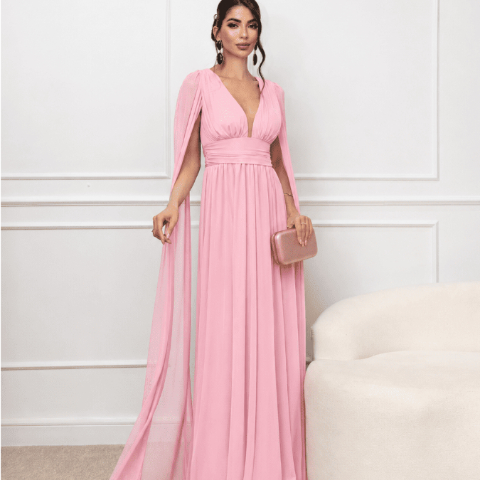 Vestido Longo de Festa com Manga Capa e Decote Profundo – Elegância e Sofisticação Casamento ref017vani