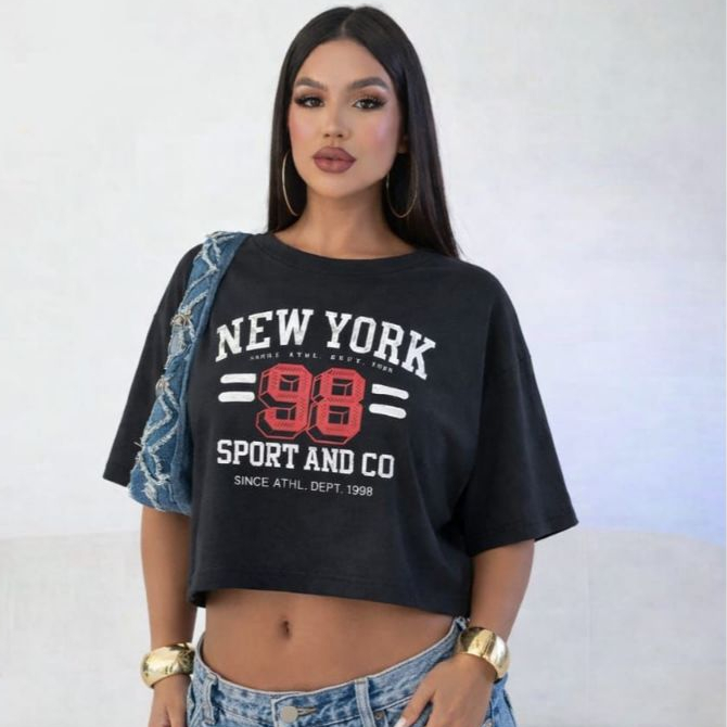 Cropped Oversized Feminino Estampa New York 98 – Camiseta Curta Streetwear Moderna