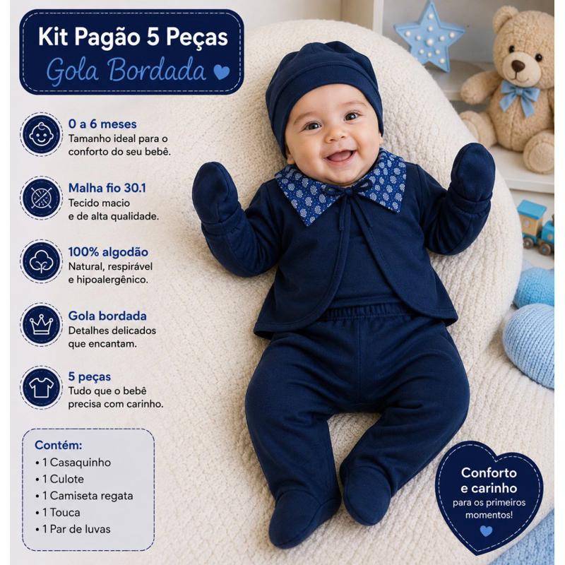 Kit Pagão Gola Bordada 5 Peças Malha Hipoalegênico 100% algodão.