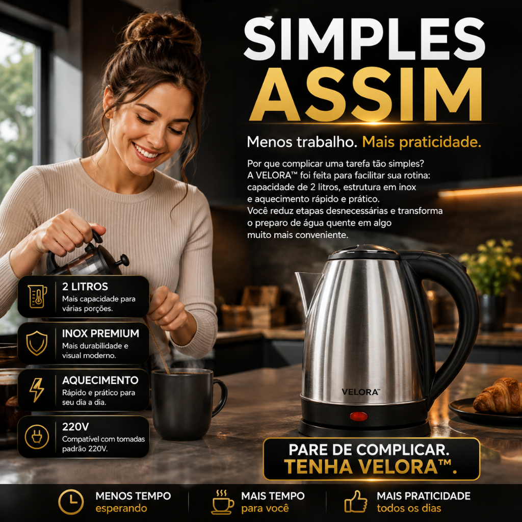Chaleira elétrica VELORA™ inox 2 litros 220V aquecimento rápido jarra elétrica