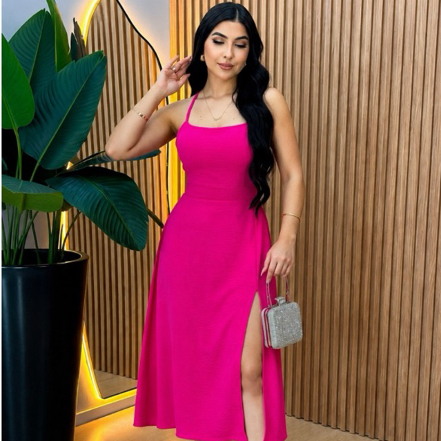 Vestido feminino midi elegante tecido duna com forro bojo costas nuas trançadas fenda lateral