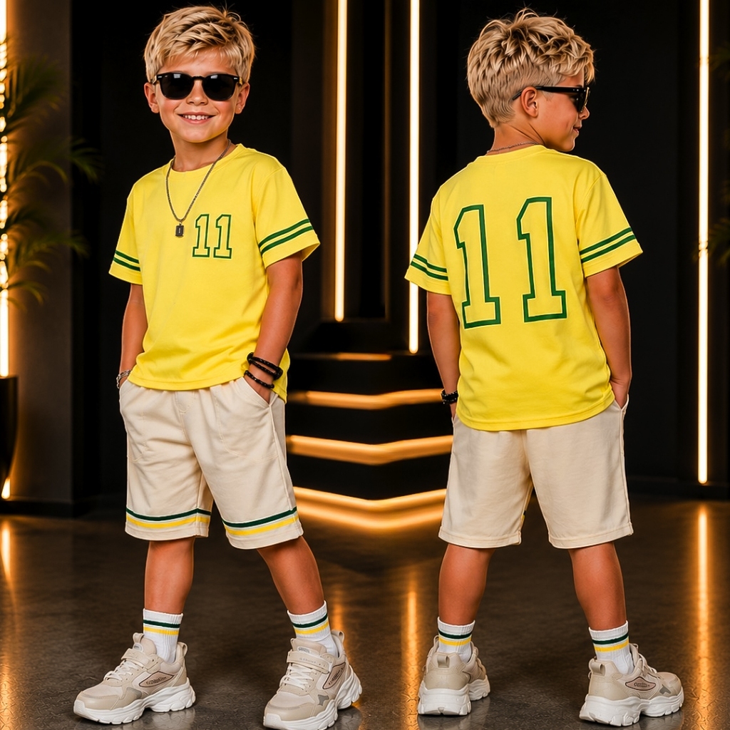 Conjunto Infantil Menino Estiloso Verão Lançamento Premium Camisa e Bermuda Veste Do 2 ao 12 anos