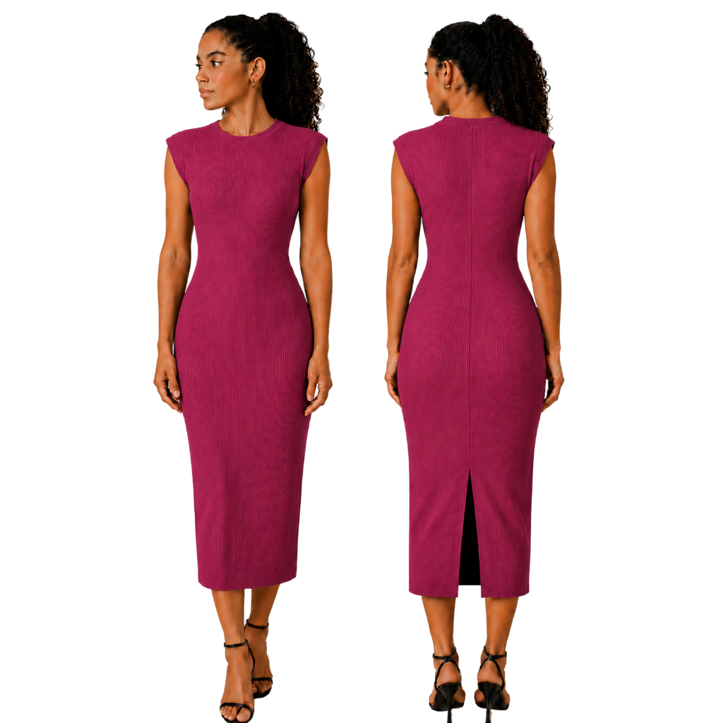 Vestido Midi Feminino Canelado Justo com Ombreira Modelagem Elegante Confortável P ao GG