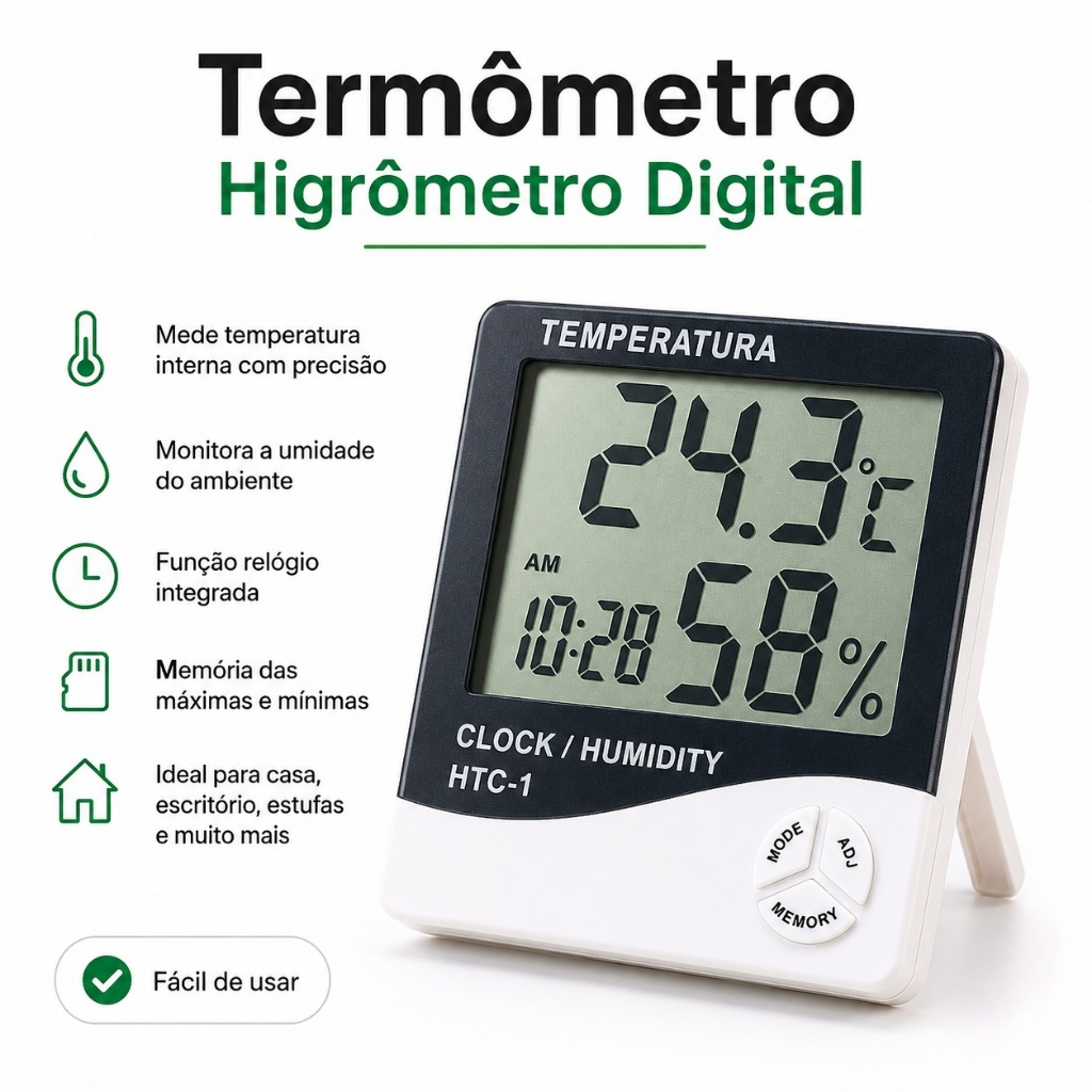 Termo Higrometro Digital Com Máxima e Mínima Medidor De Temperatura e Umidade Com Relógio e Alarme