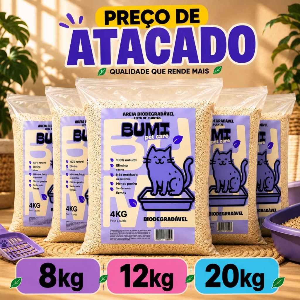 Areia Bumi Pet Mandioca Biodegradável Alta Absorção Anti Odor 20/12/8kg
